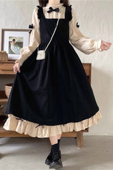 Black/Apricot Japanese Long Puff Sleeves Ruffle Bowknot Sweet Lolita Dress 2 Colors